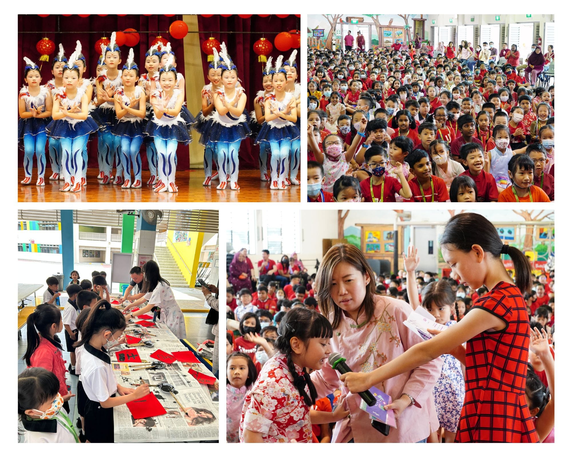 Four scenes of a school Chinese New Year celebration with children dancing, gathered in assembly, doing crafts, and interacting with teachers.